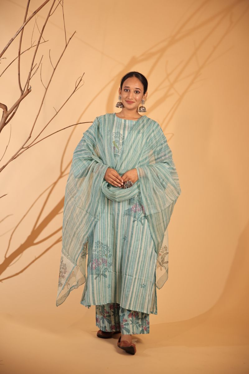 Tropical Savanna Kurta Set - Teal Blue