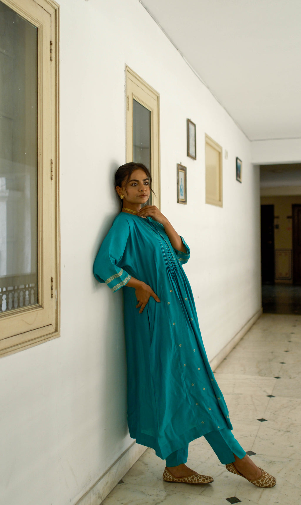 Green Silk Kurta w Rogan Art