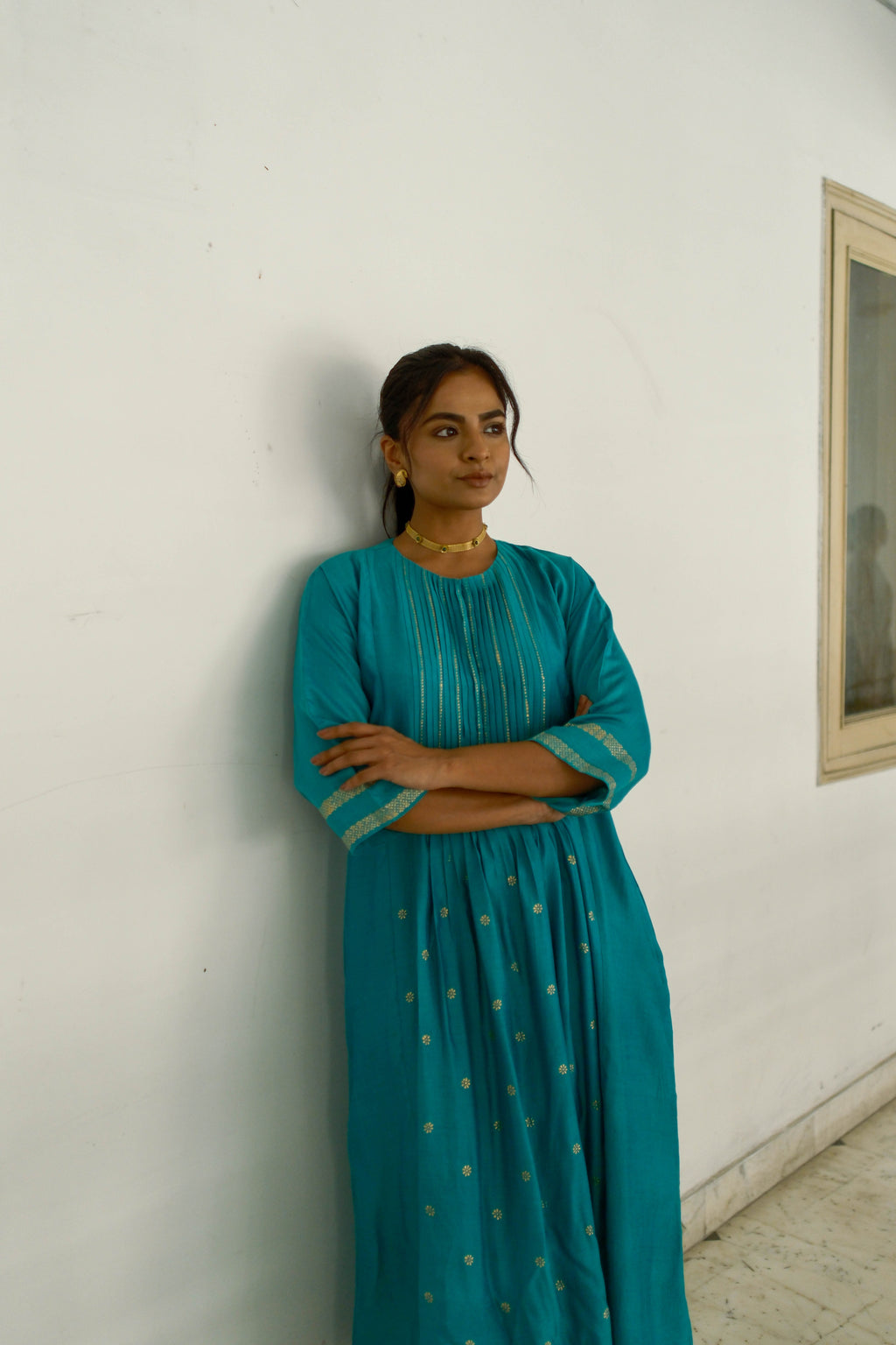 Green Silk Kurta w Rogan Art