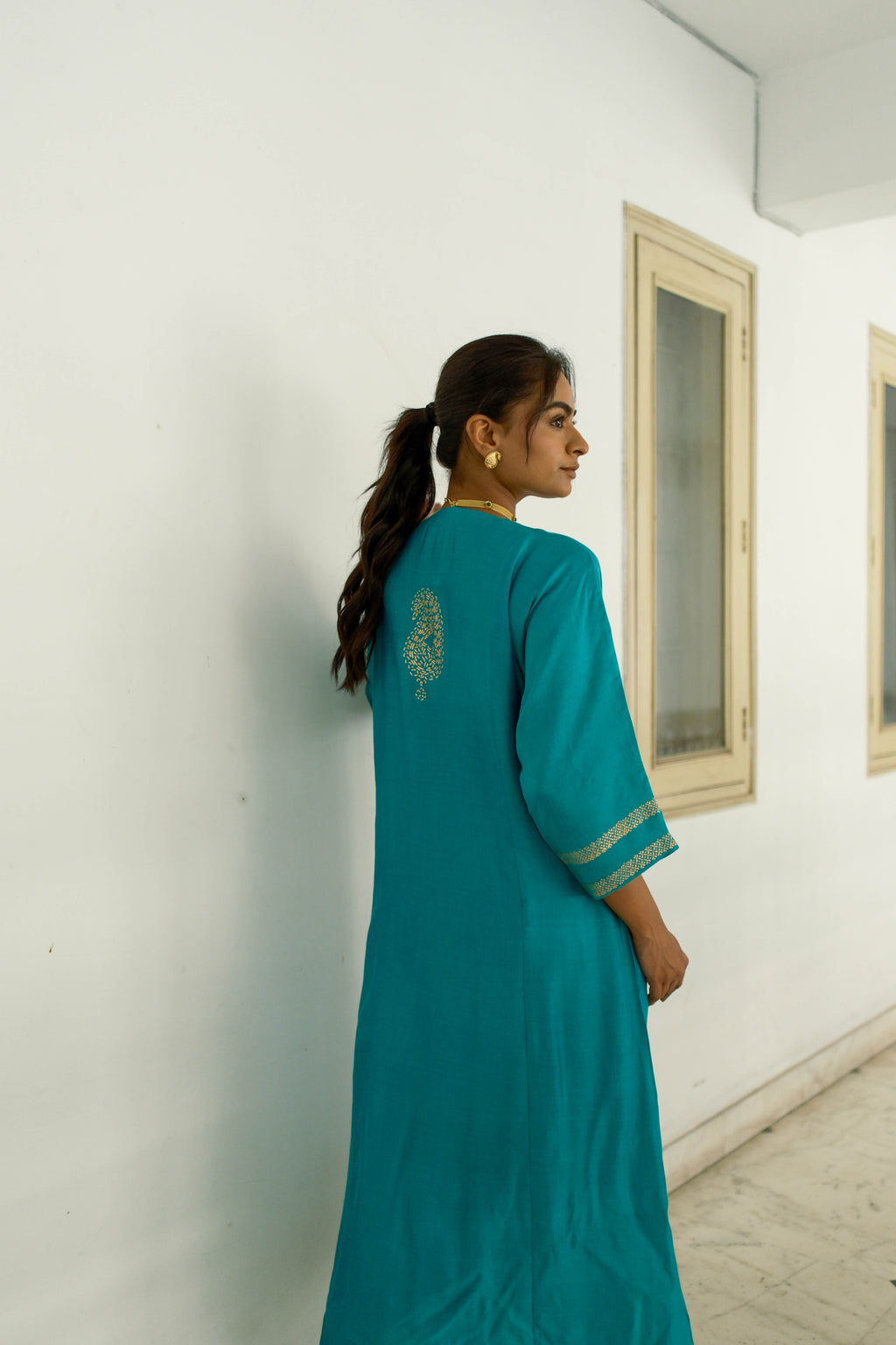 Green Silk Kurta w Rogan Art