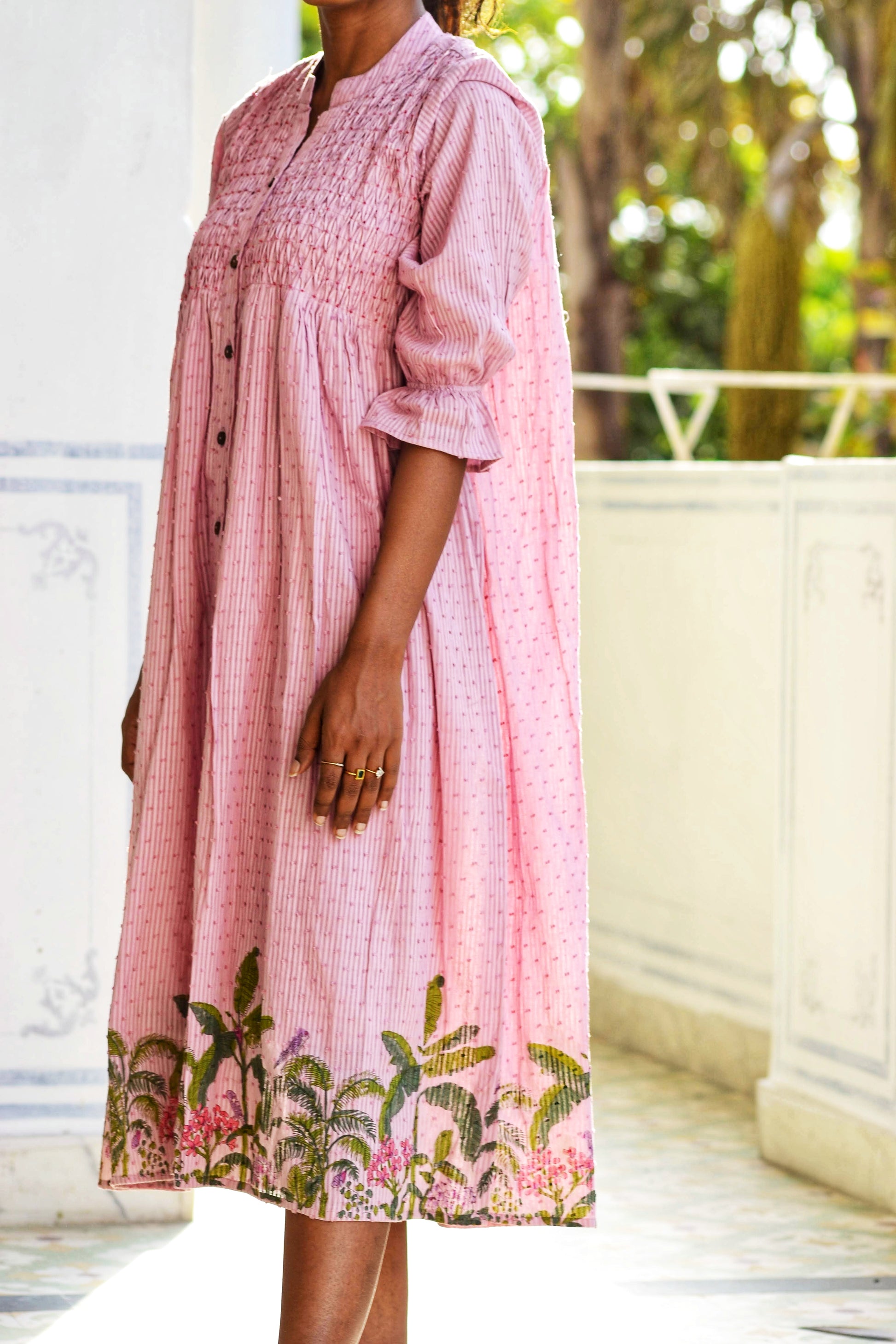 Pink TS print dress w/ smocked yoke