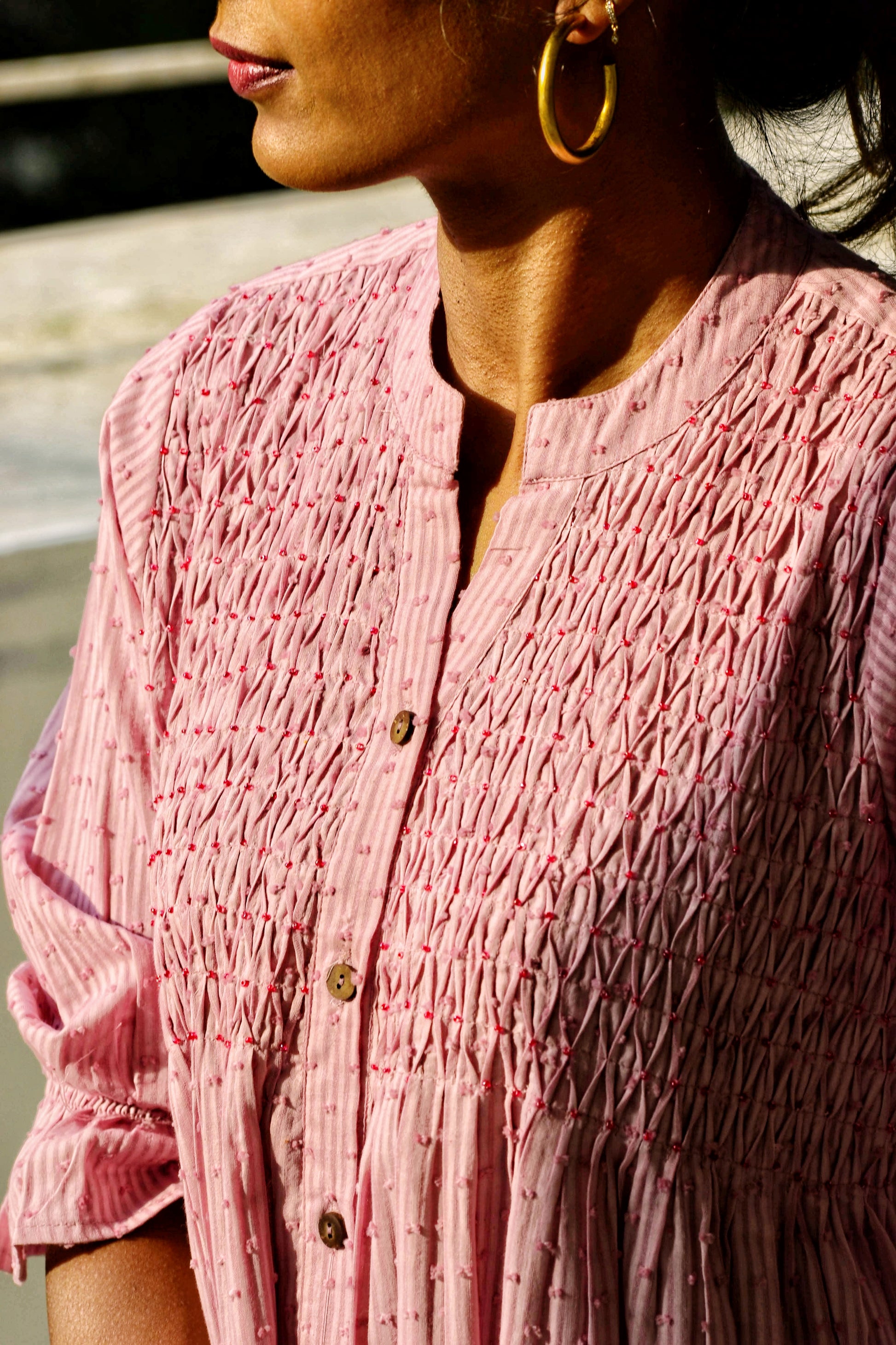 Pink TS print dress w/ smocked yoke