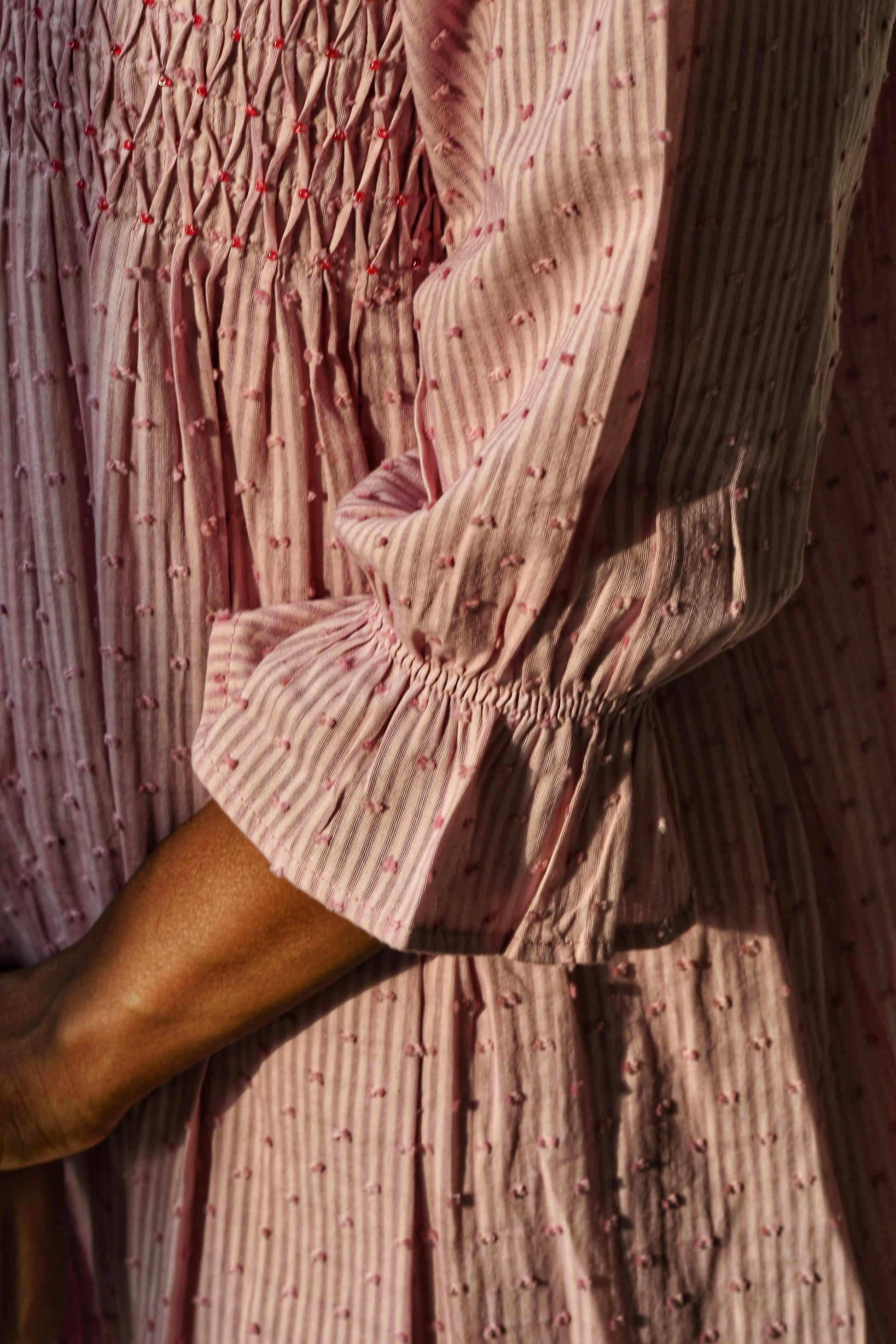 Pink TS print dress w/ smocked yoke