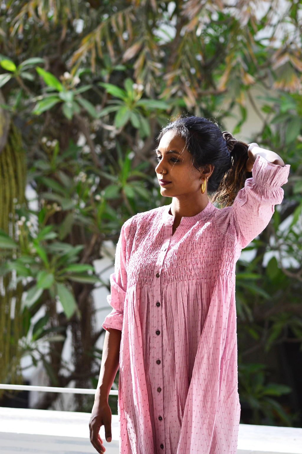 Pink TS print dress w/ smocked yoke